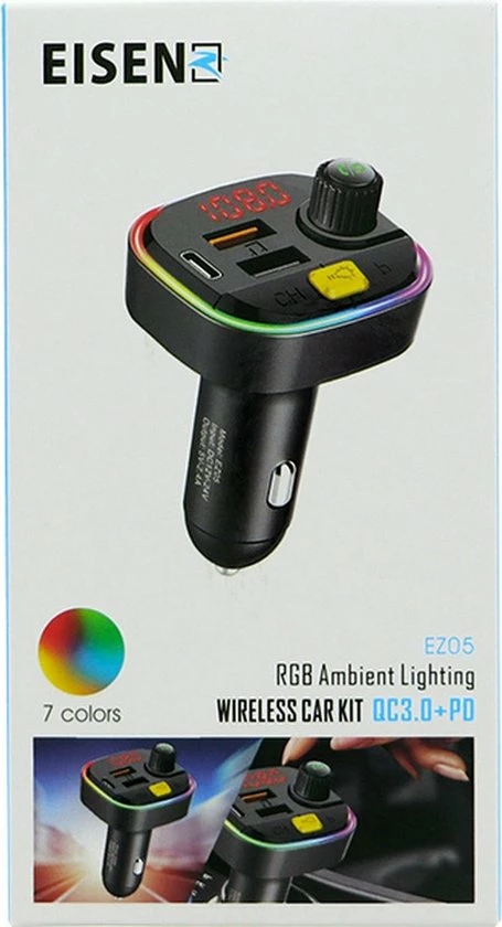 Eisenz Bluetooth FM Transmitter Met 2x USB 1x TYPE-C Aansluiting RGB LED Multi Kleuren 1 Eisenz Bluetooth FM Transmitter Met 2x USB 1x TYPE-C Aansluiting RGB LED Multi Kleuren