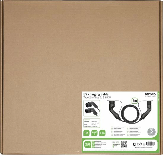 Deltaco e-Charge - Oplaadkabel Elektrische Auto - Type 2 | Type 2 - 16A - 3 m Deltaco E-Charge - Oplaadkabel Elektrische Auto - Type 2 | Type 2 - 16A - 3 M -Brodit Shop