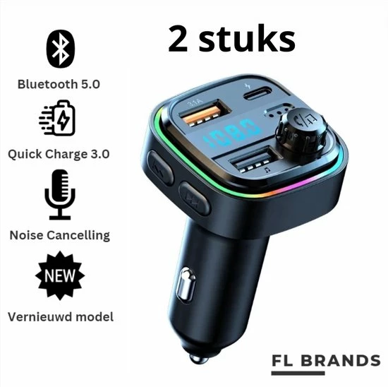 FL Brands 2 Stuks - Bluetooth FM Transmitter - Auto Snel Lader - Carkit - Handsfree - MP3 - USB-A 3.0 - USB-C - Bluetooth Audio - Noise Cancelling - Nieuw Model 1 FL Brands 2 Stuks - Bluetooth FM Transmitter - Auto Snel Lader - Carkit - Handsfree - MP3 - USB-A 3.0 - USB-C - Bluetooth Audio - Noise Cancelling - Nieuw Model