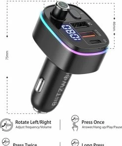 BlitzWolf Bluetooth FM Transmitter-Autolader-Bluetooth Carkit-adapter V5.0 Autoradio-adapter Handsfree-autolader Met USB-18W-poorten PD Type-C QC 3.0 USB Snel Opladen-7 Kleuren RGB-achtergrondverlichting LED Digitaal Display -Brodit Shop 550x738 1