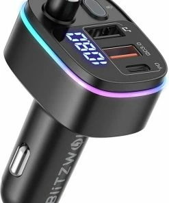 BlitzWolf Bluetooth FM Transmitter-Autolader-Bluetooth Carkit-adapter V5.0 Autoradio-adapter Handsfree-autolader Met USB-18W-poorten PD Type-C QC 3.0 USB Snel Opladen-7 Kleuren RGB-achtergrondverlichting LED Digitaal Display